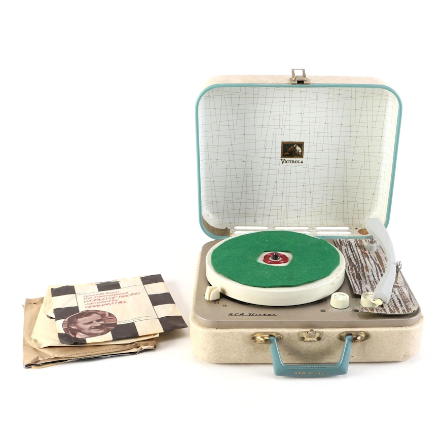 RCA Victor Portable Record Player and 45 rpm Singles