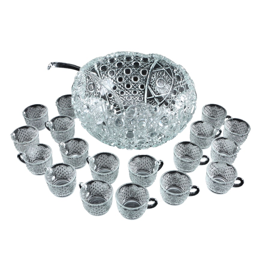 Vintage Pressed Glass Punch Bowl and Glasses, in a Cut Pattern