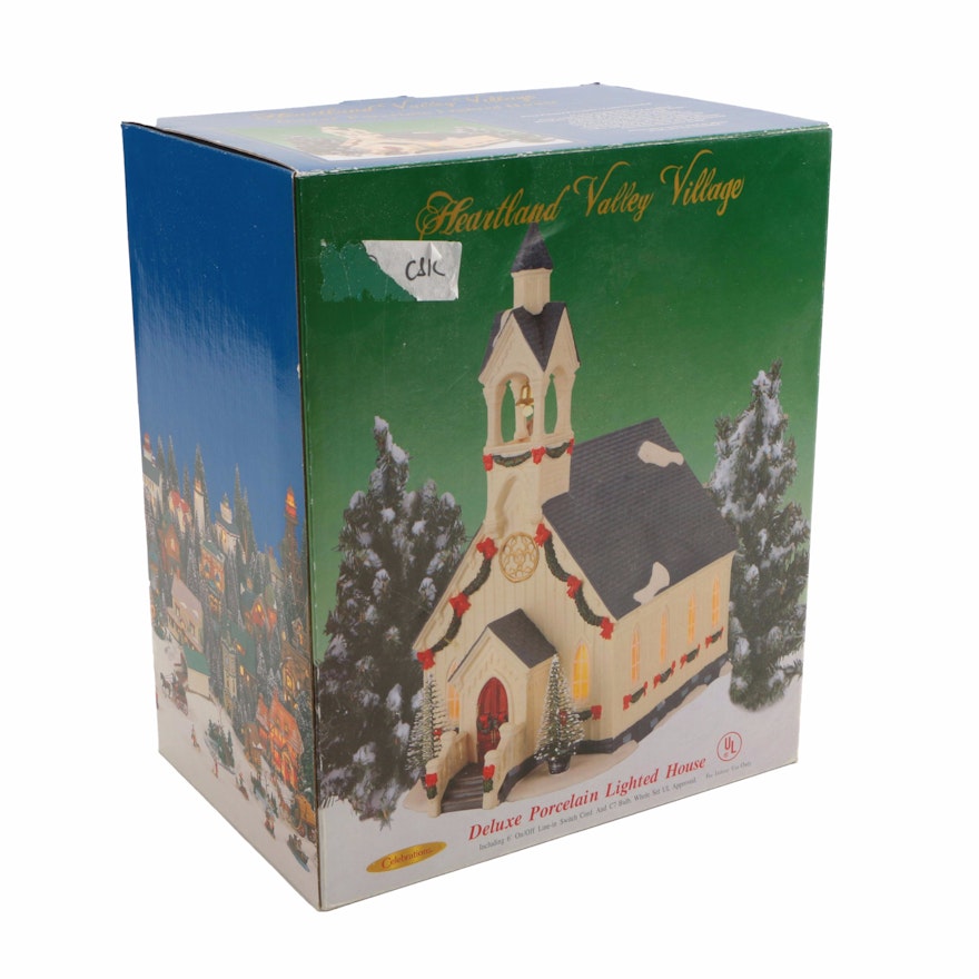 Heartland Valley Village Hand Painted Collectible Porcelain Christmas Village Lighted Church, with Box