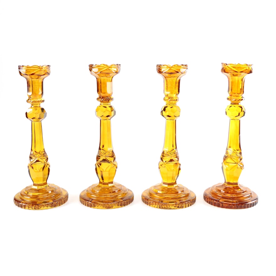 Collection of Amber Glass Candlestick Holders