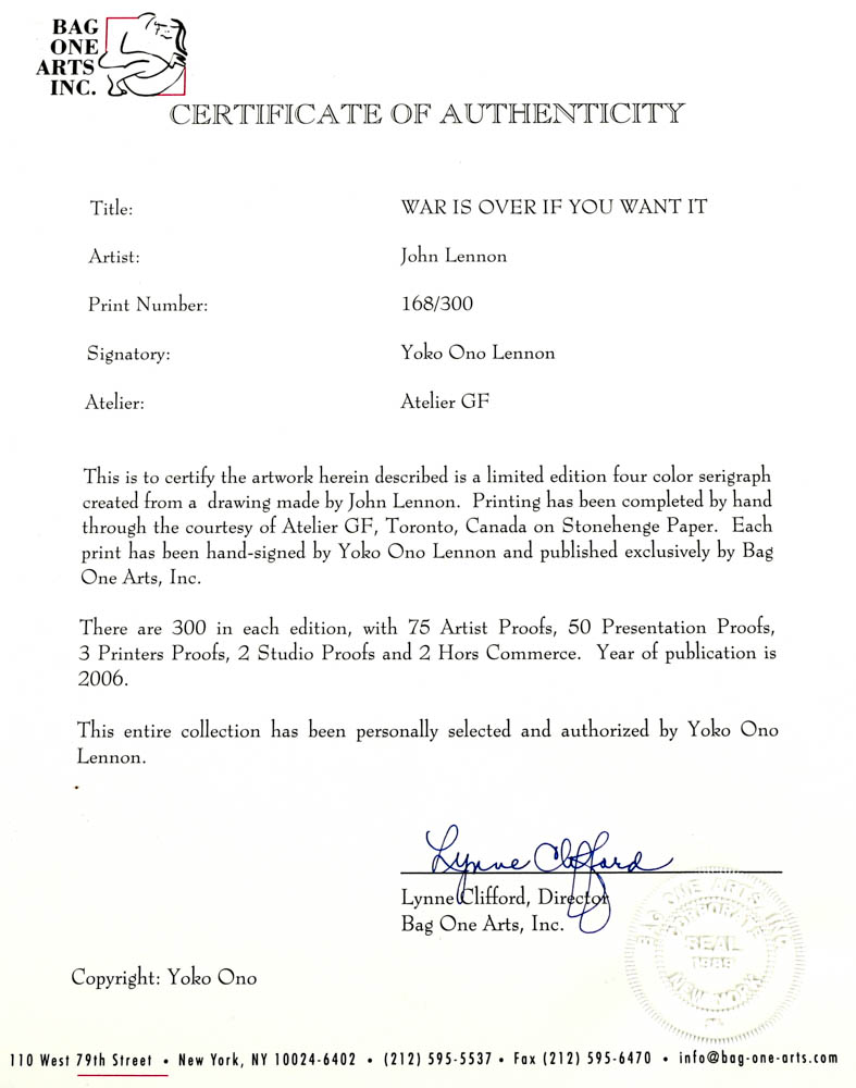 John Lennon Limited Edition Serigraph "War is Over if You Want It"