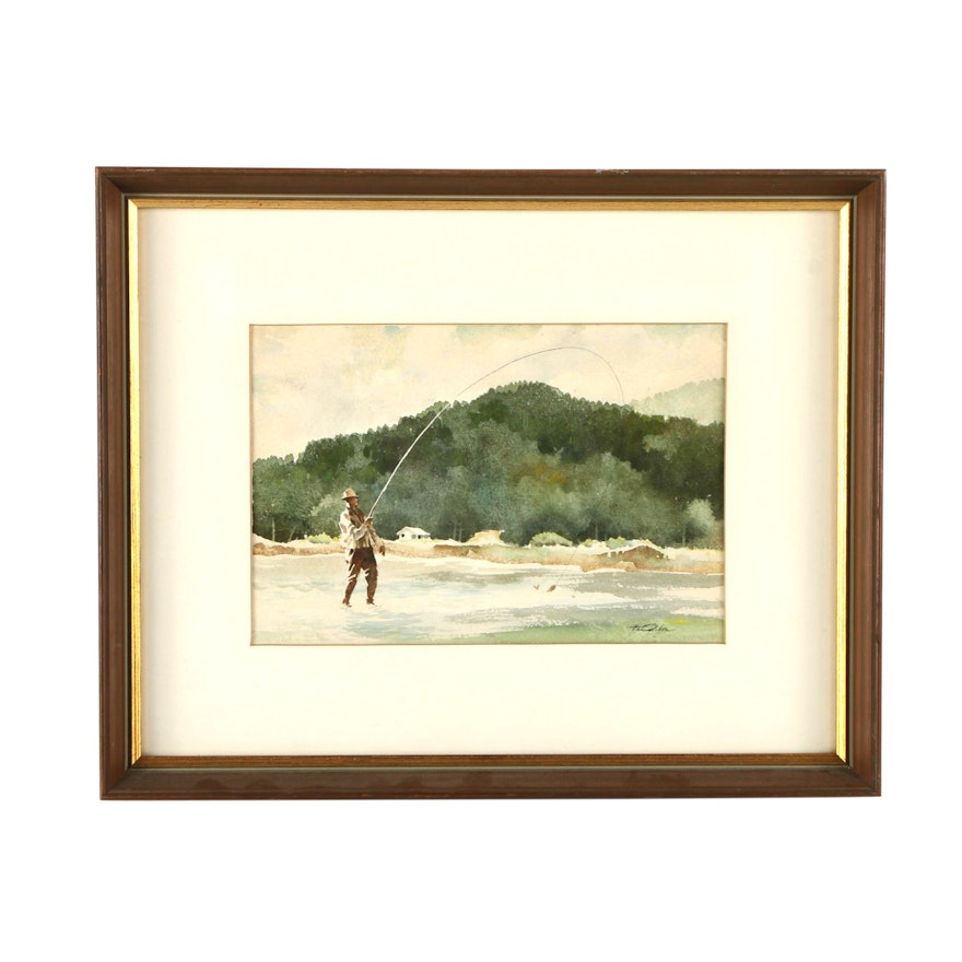 Walter Parke Watercolor Painting of a Fisherman "Snagged"