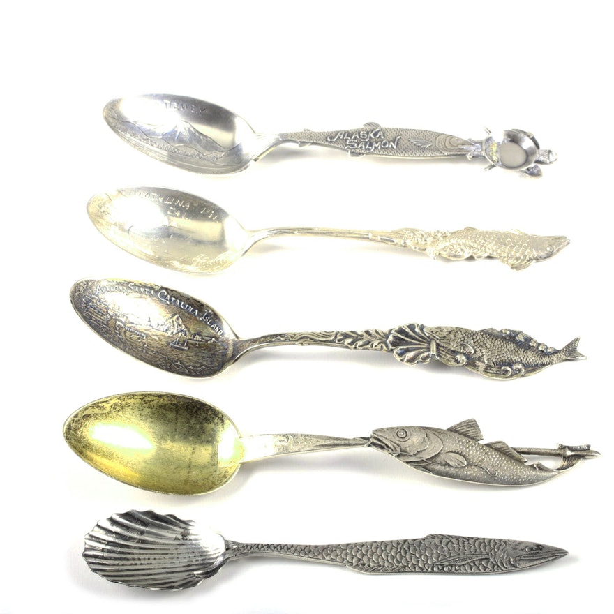 Five Vintage Fish Themed Sterling Silver Souvenir Spoons Featuring Joseph Mayer & Bros