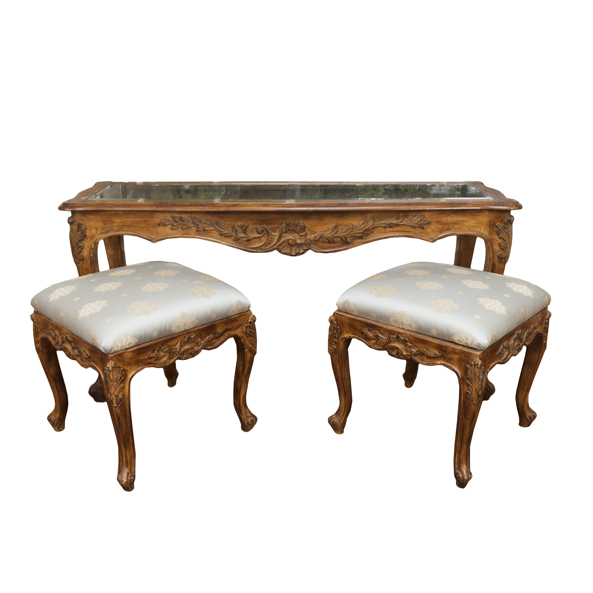 Rococo Style Glass-Topped Sofa Table with Two Footstools