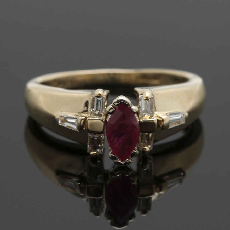 14K Yellow Gold Marquise Ruby and  0.24 CTW Diamonds Ring