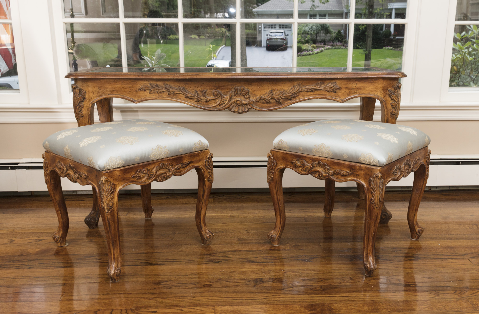 Rococo Style Glass-Topped Sofa Table with Two Footstools