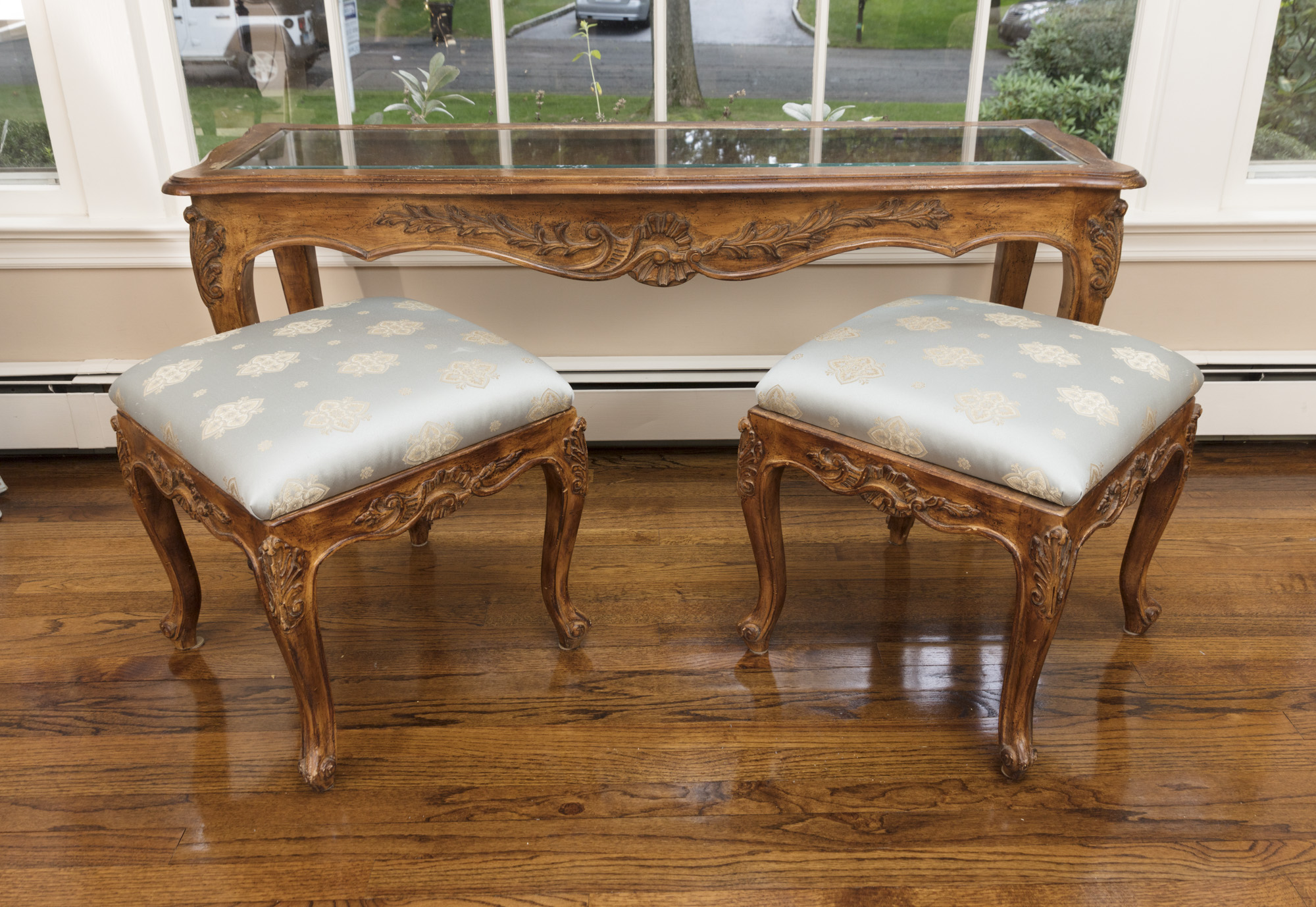 Rococo Style Glass-Topped Sofa Table with Two Footstools