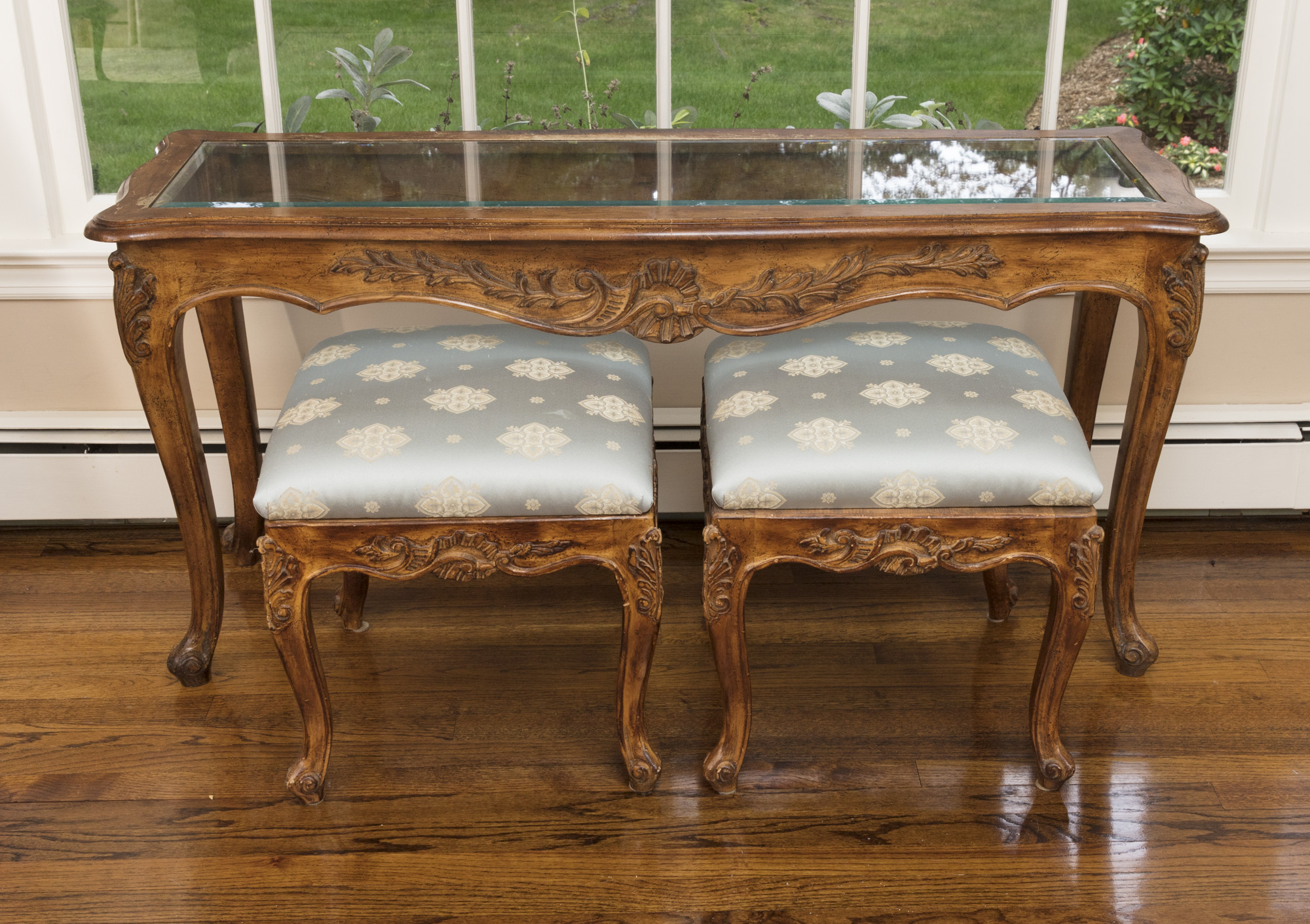 Rococo Style Glass-Topped Sofa Table with Two Footstools