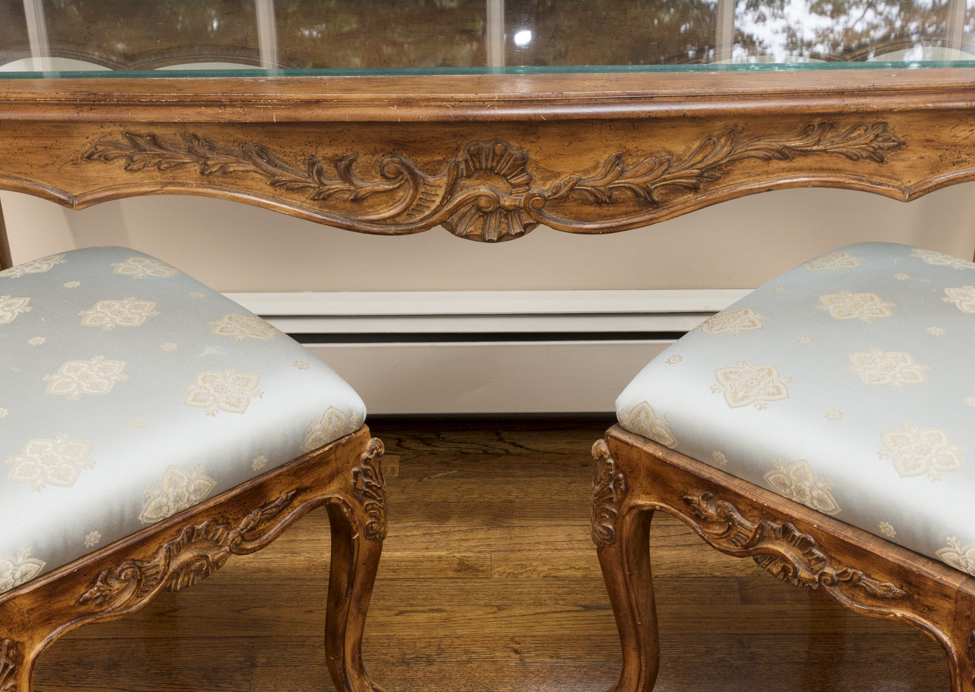 Rococo Style Glass-Topped Sofa Table with Two Footstools