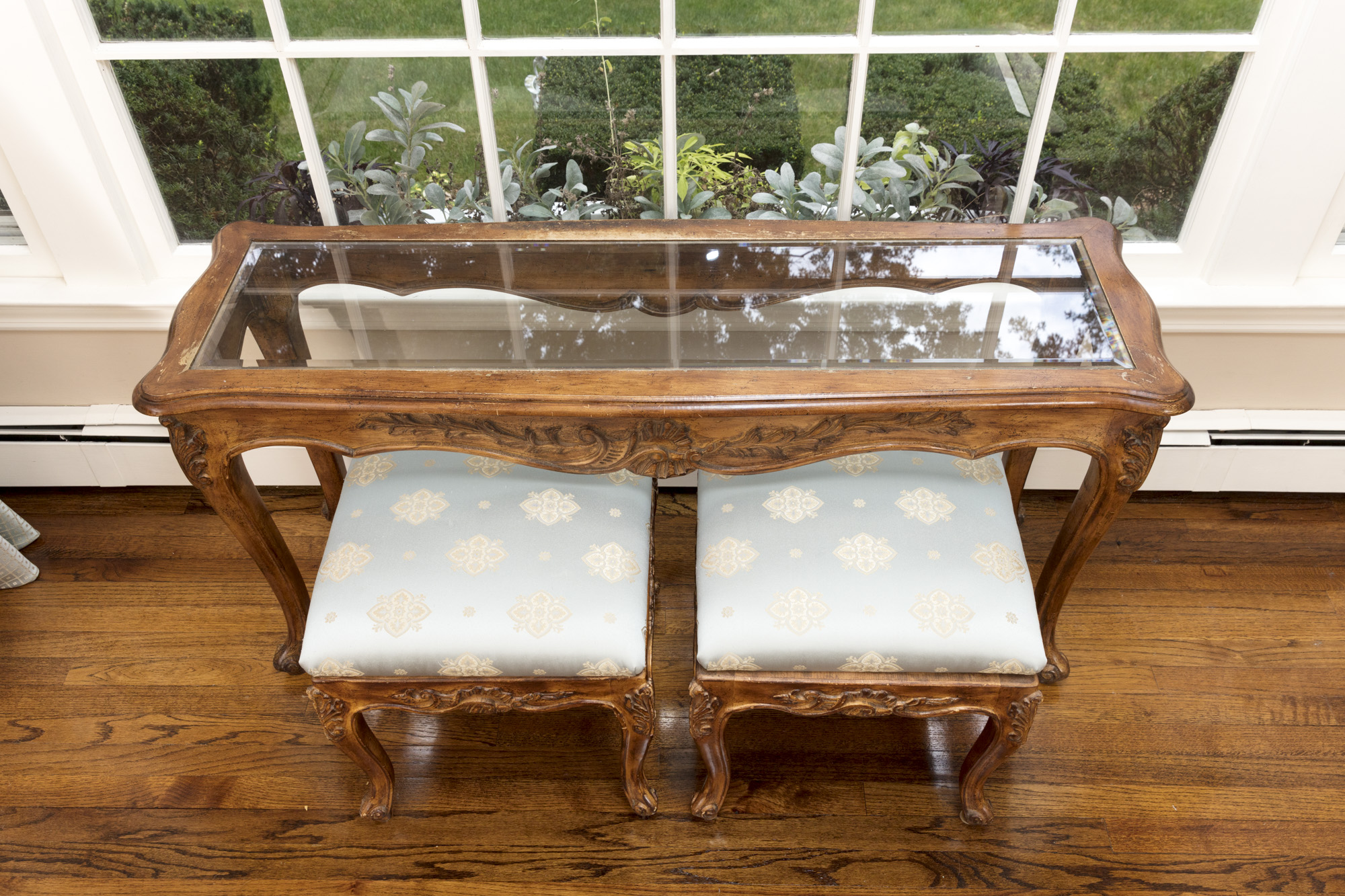 Rococo Style Glass-Topped Sofa Table with Two Footstools