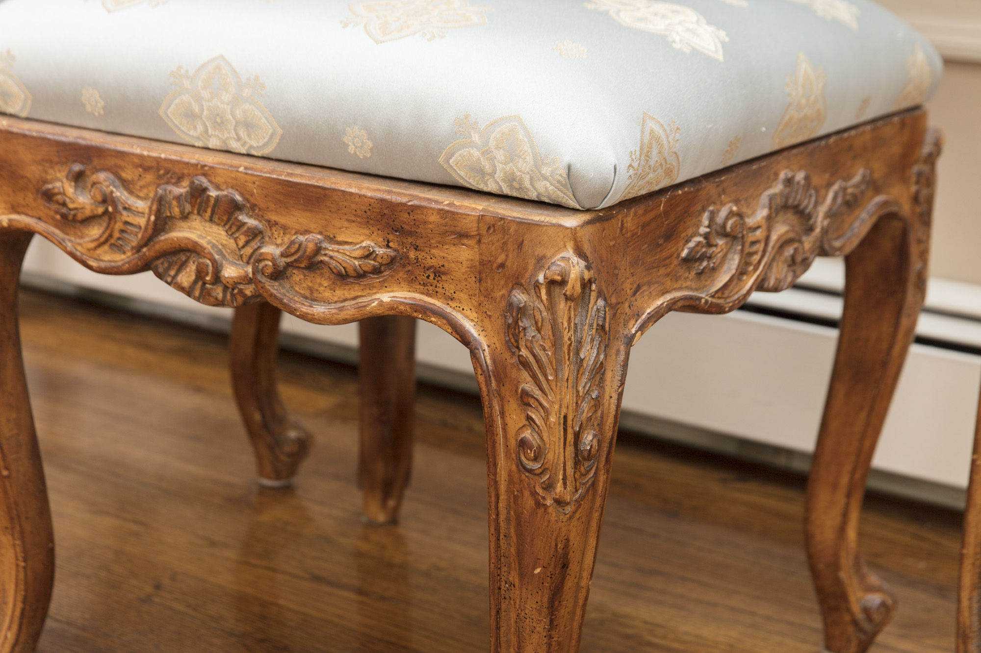Rococo Style Glass-Topped Sofa Table with Two Footstools