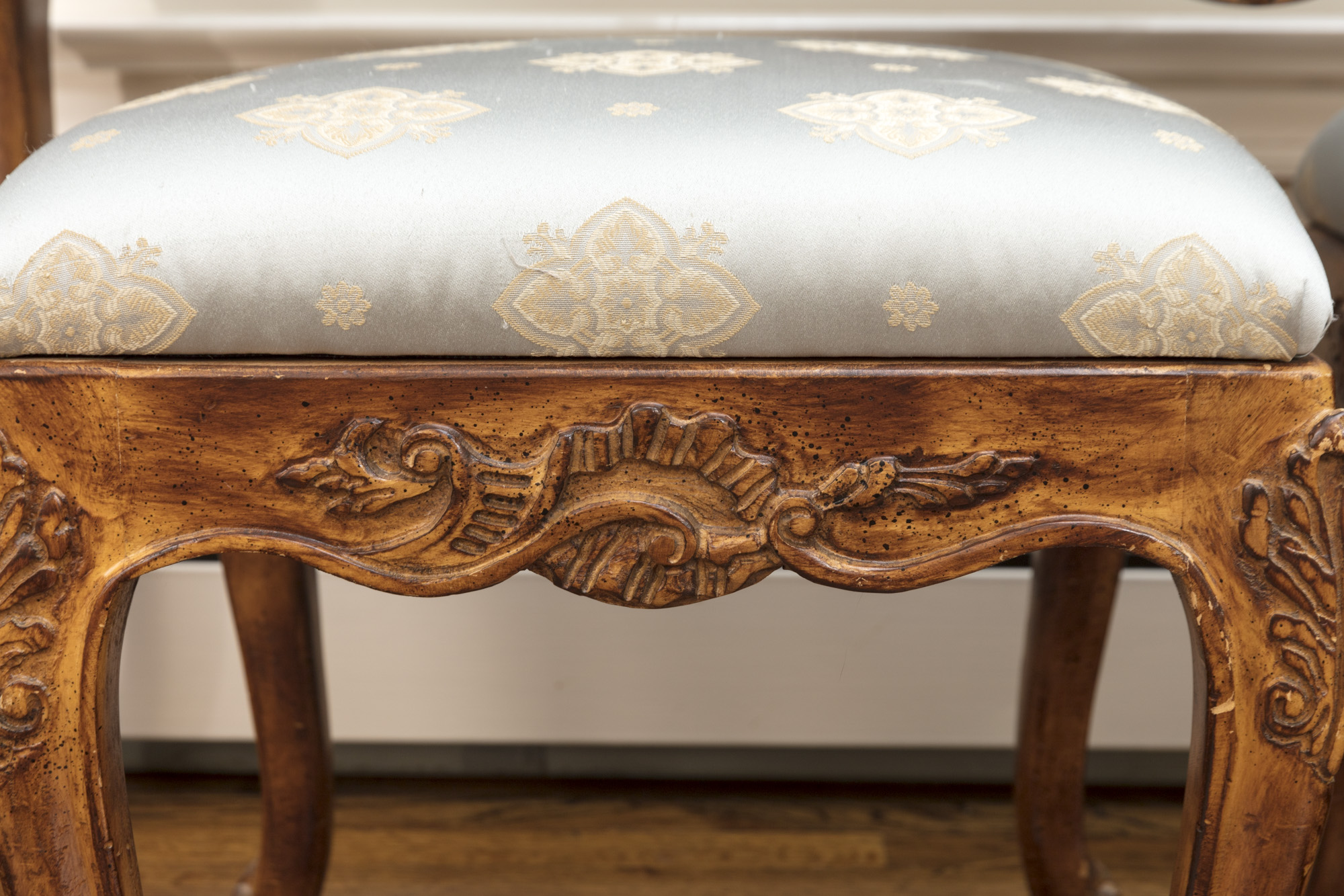 Rococo Style Glass-Topped Sofa Table with Two Footstools