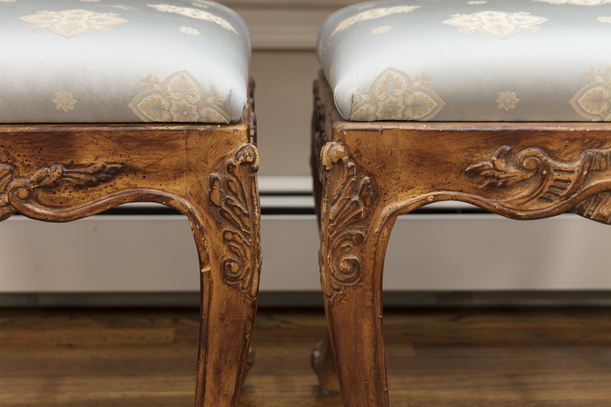 Rococo Style Glass-Topped Sofa Table with Two Footstools