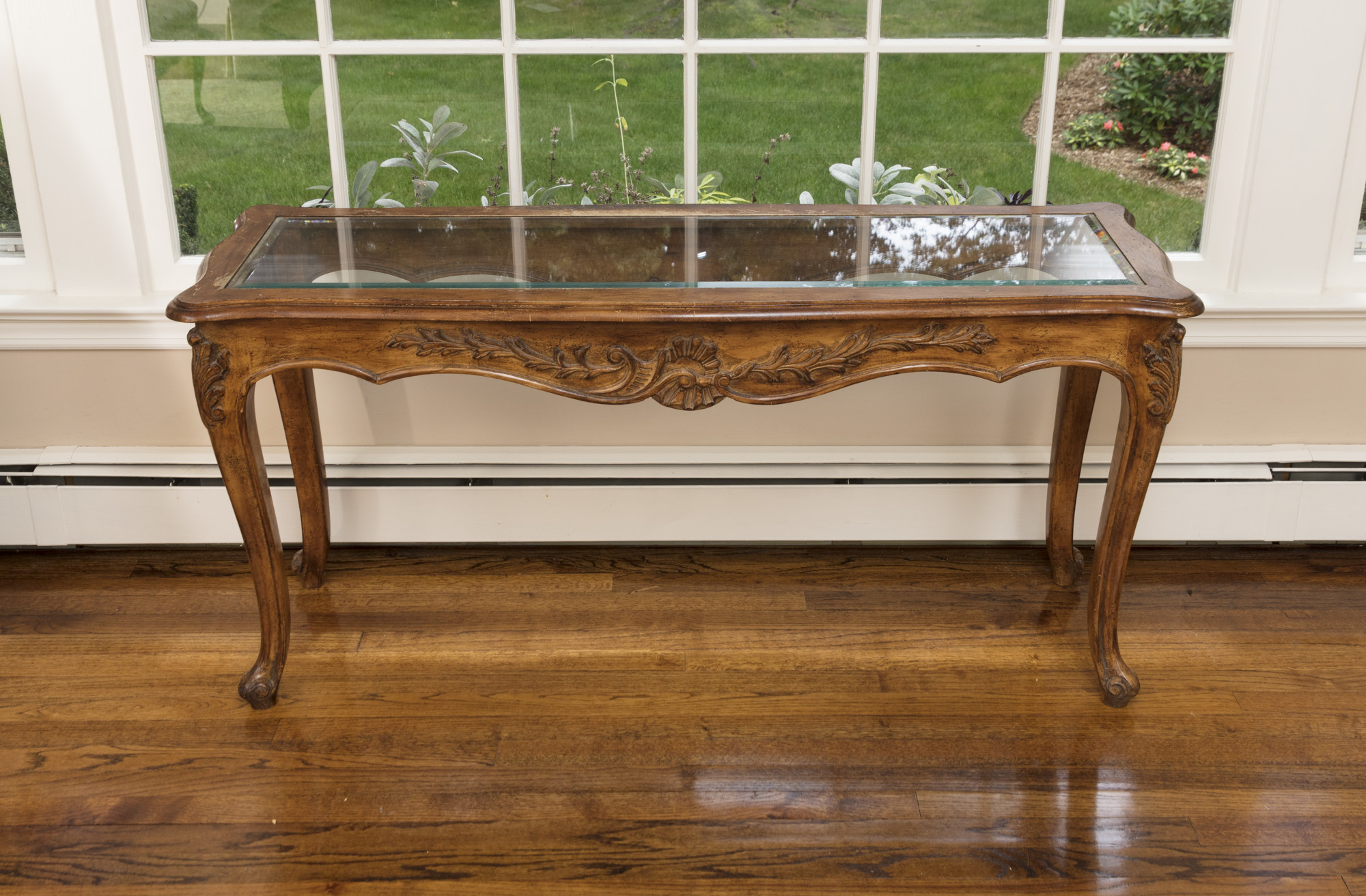 Rococo Style Glass-Topped Sofa Table with Two Footstools