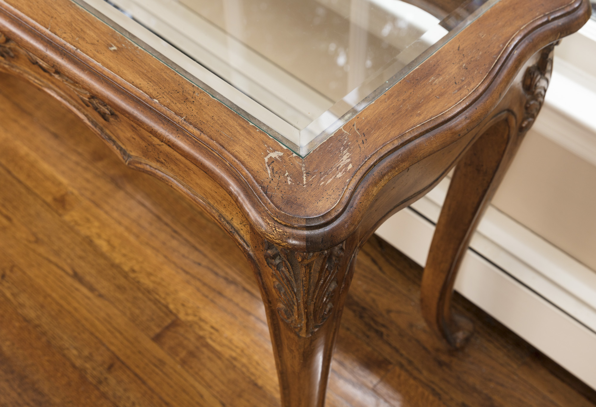 Rococo Style Glass-Topped Sofa Table with Two Footstools