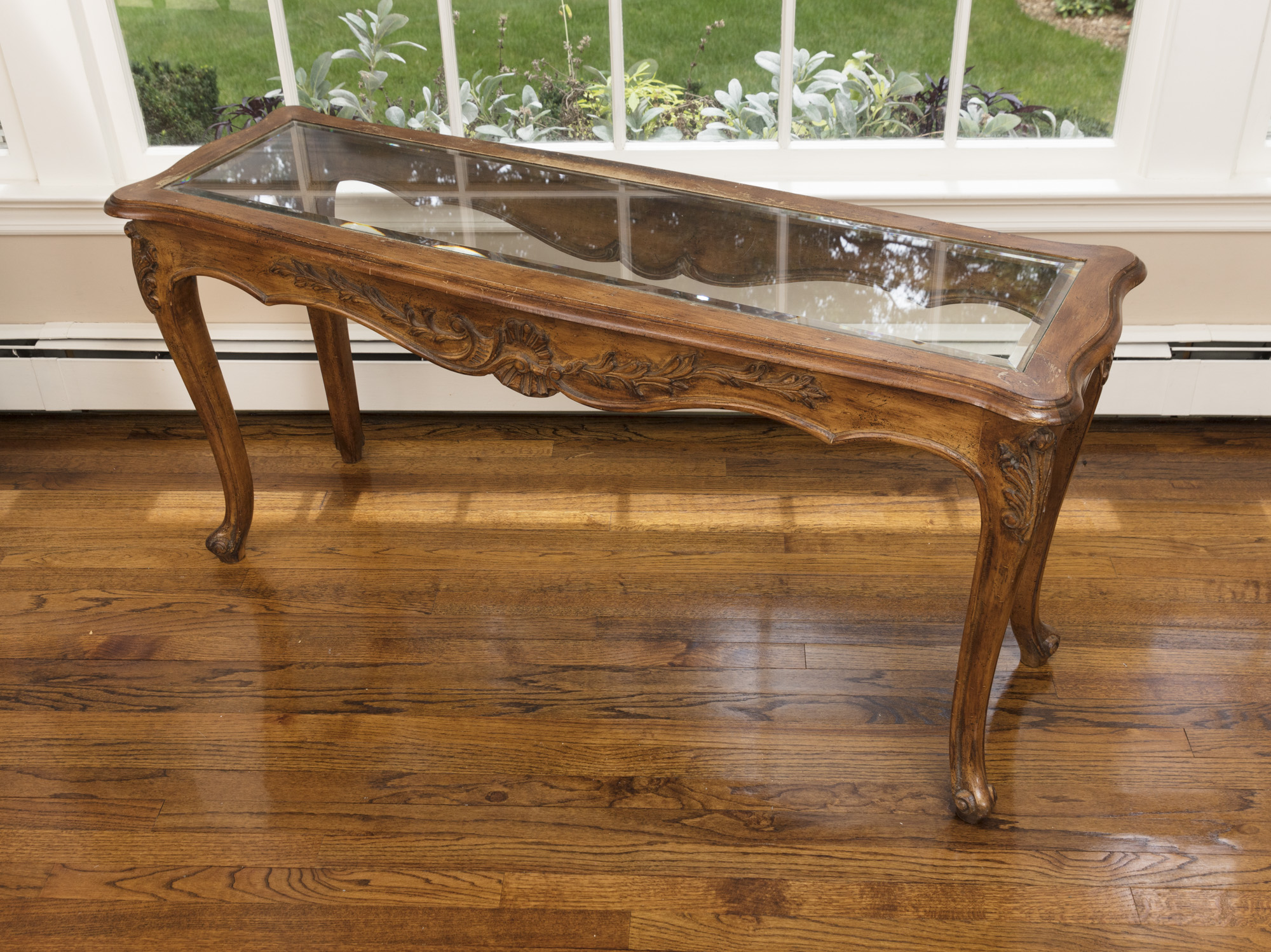 Rococo Style Glass-Topped Sofa Table with Two Footstools