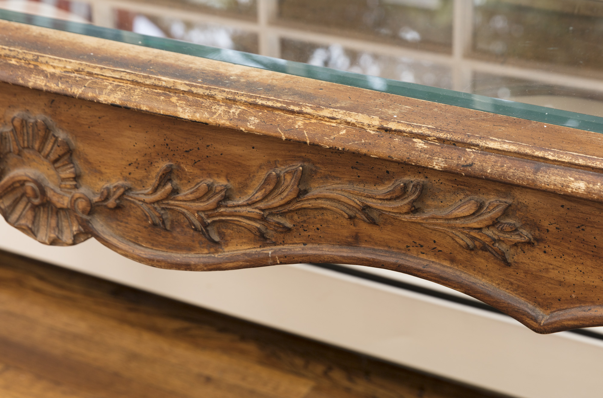 Rococo Style Glass-Topped Sofa Table with Two Footstools