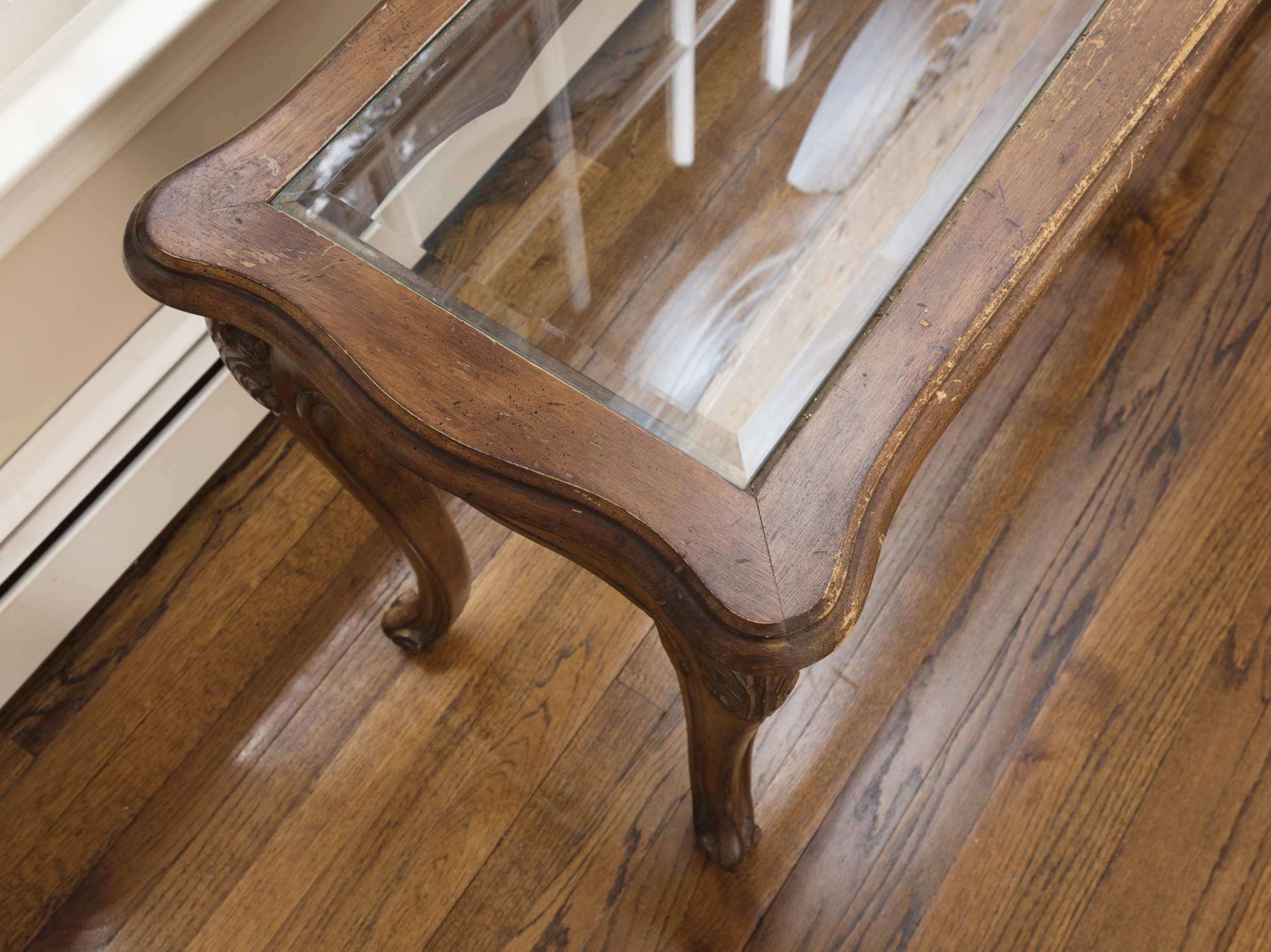 Rococo Style Glass-Topped Sofa Table with Two Footstools