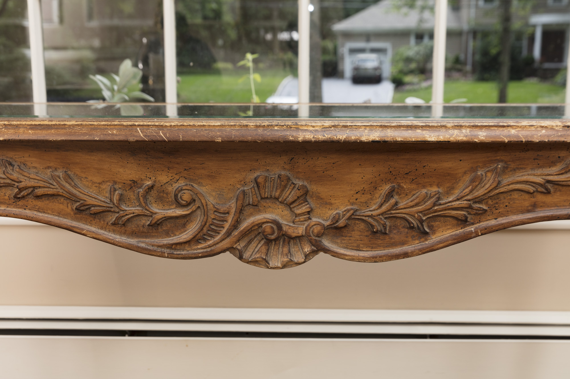 Rococo Style Glass-Topped Sofa Table with Two Footstools