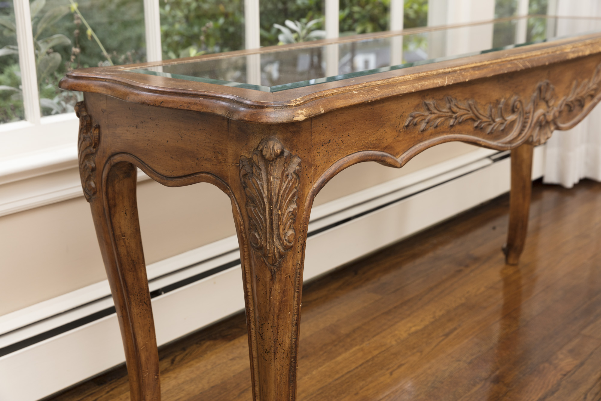 Rococo Style Glass-Topped Sofa Table with Two Footstools