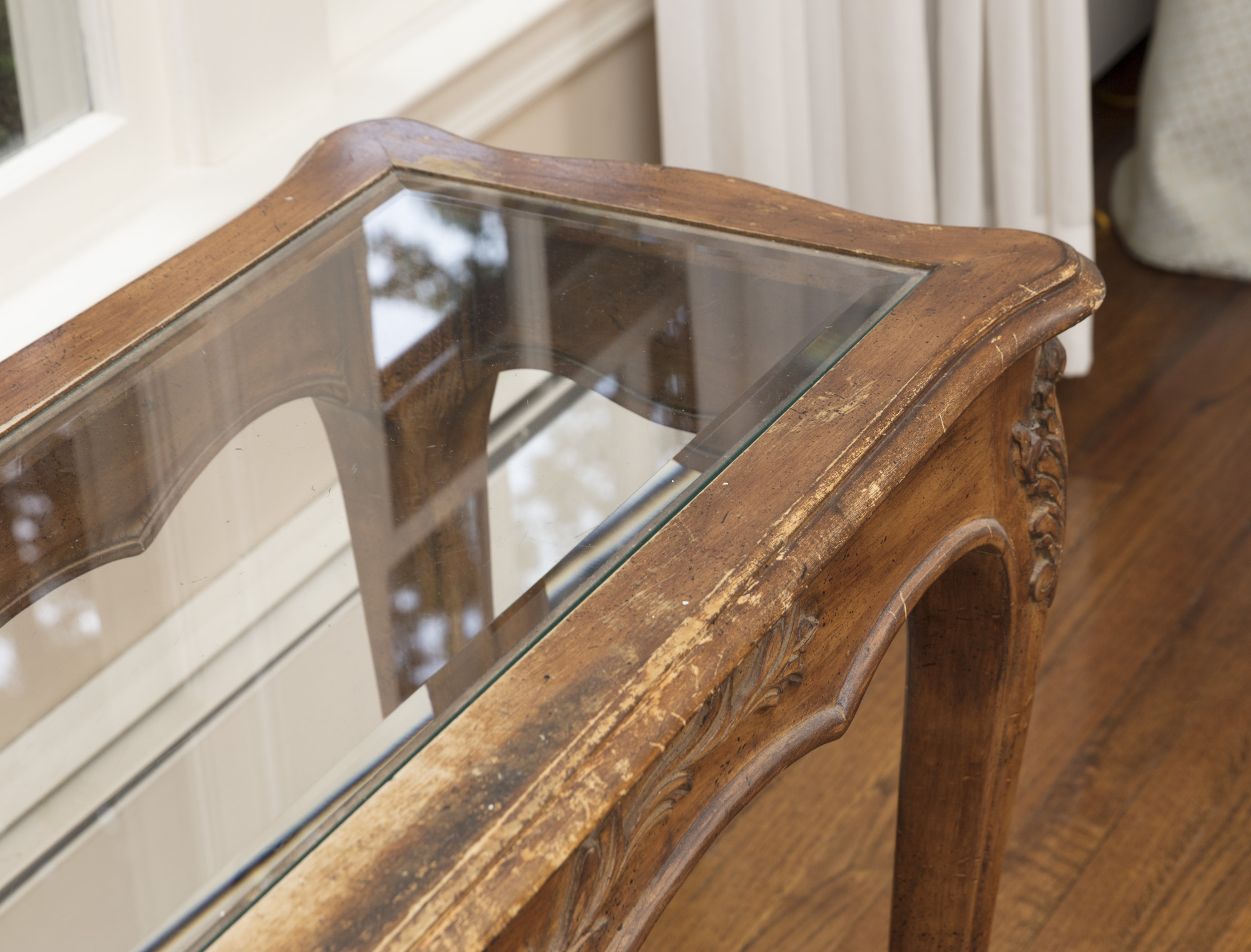 Rococo Style Glass-Topped Sofa Table with Two Footstools