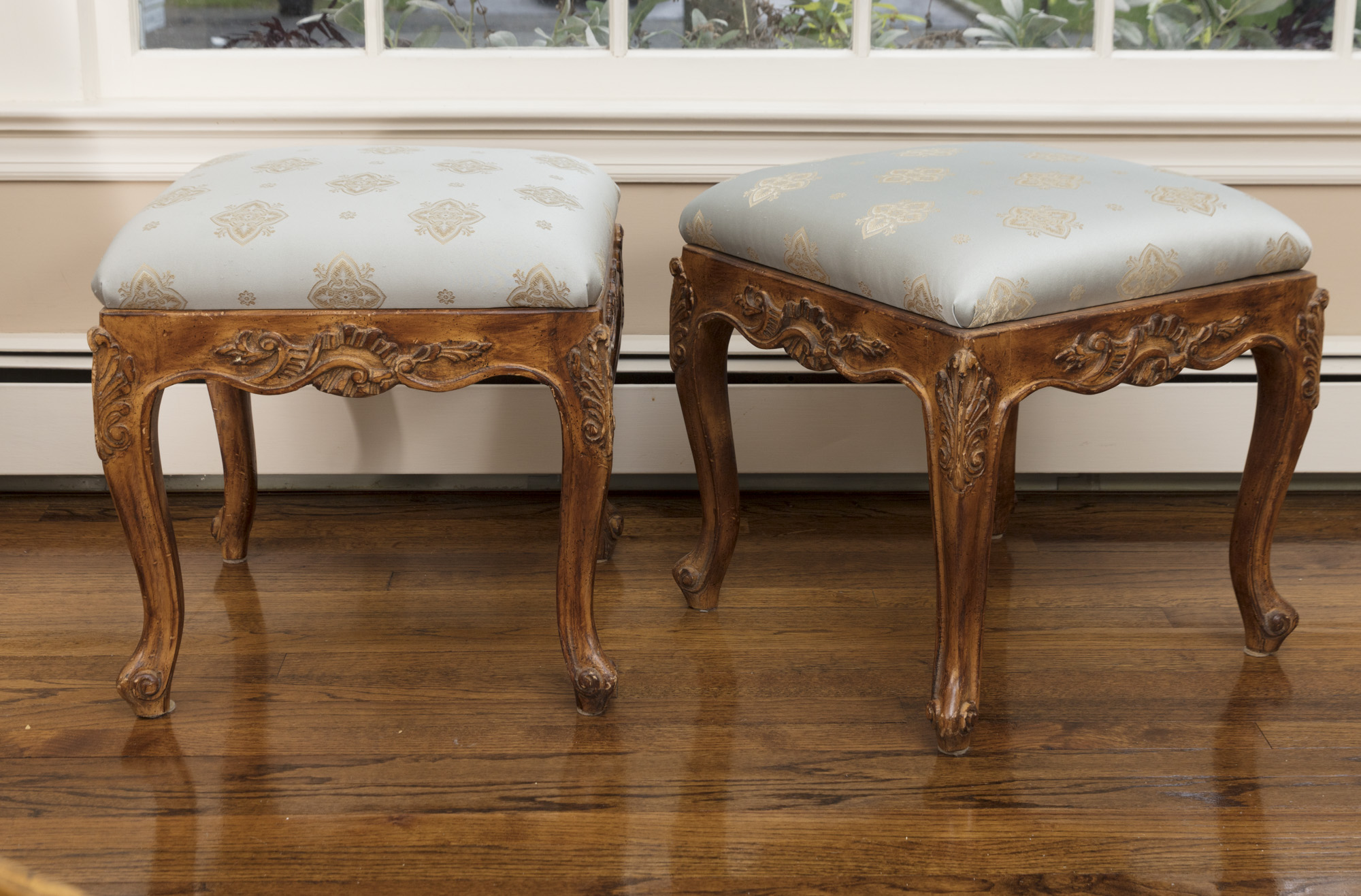 Rococo Style Glass-Topped Sofa Table with Two Footstools