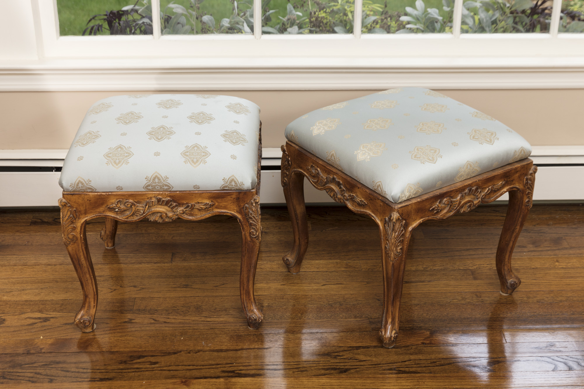 Rococo Style Glass-Topped Sofa Table with Two Footstools