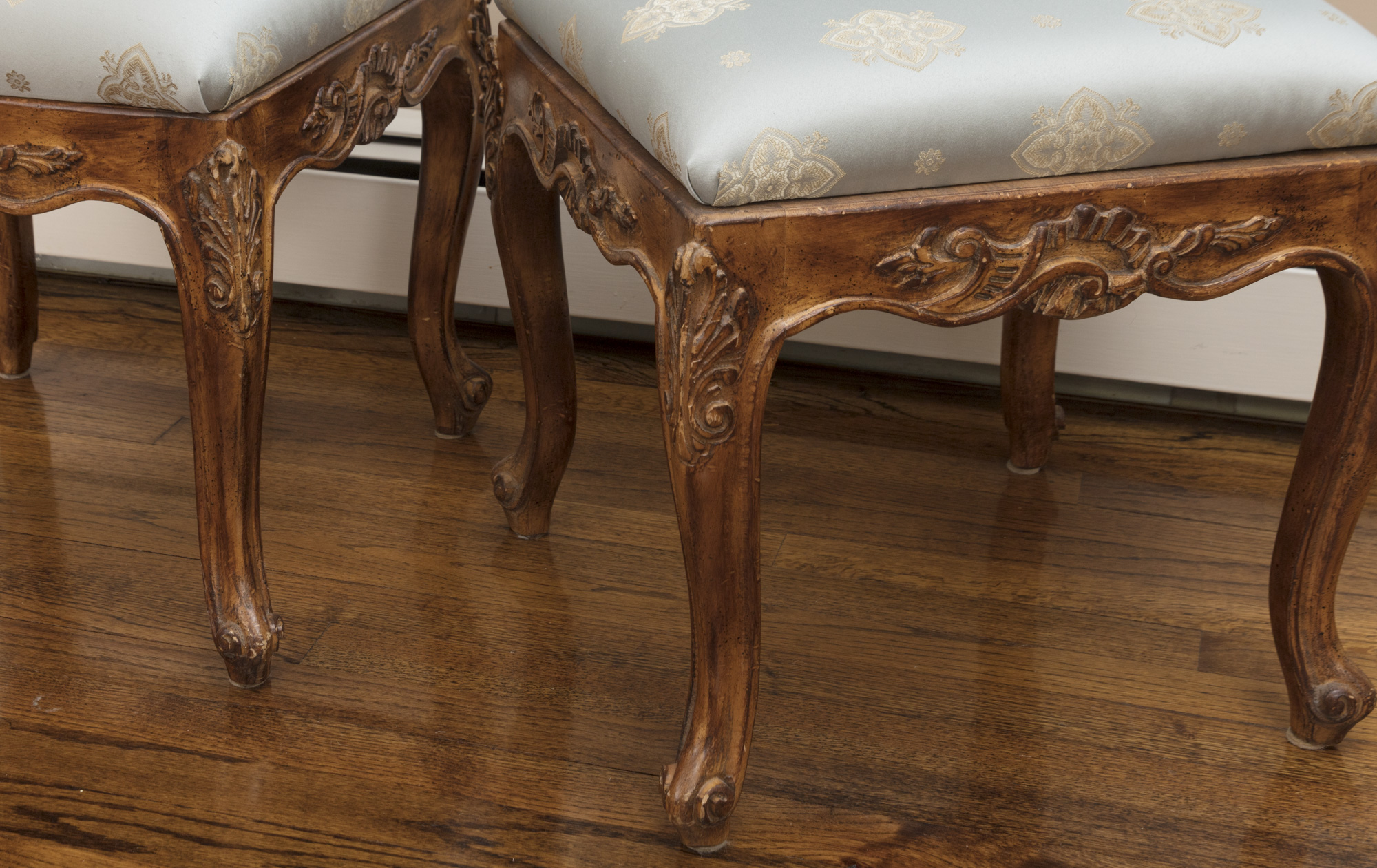 Rococo Style Glass-Topped Sofa Table with Two Footstools