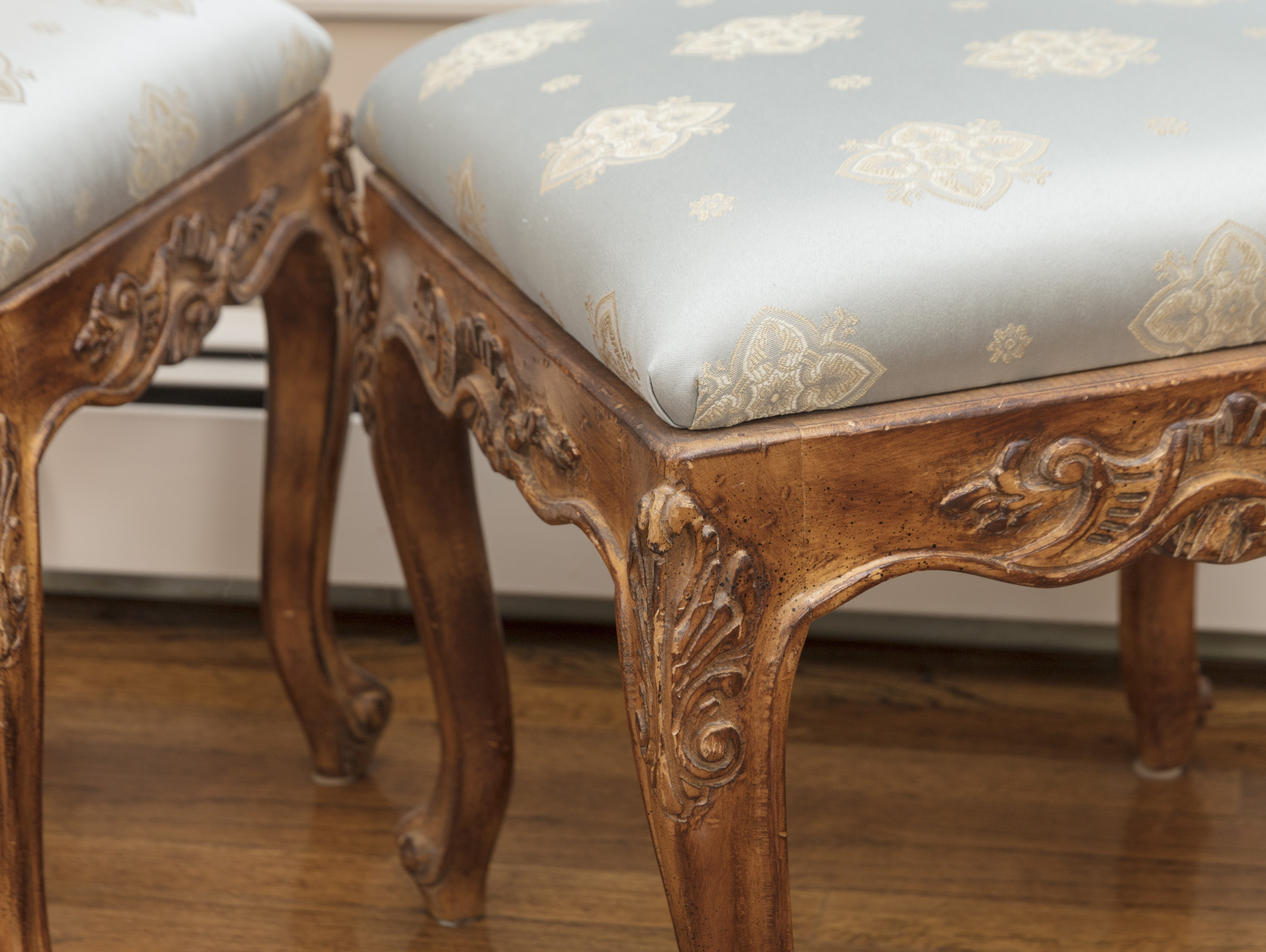 Rococo Style Glass-Topped Sofa Table with Two Footstools