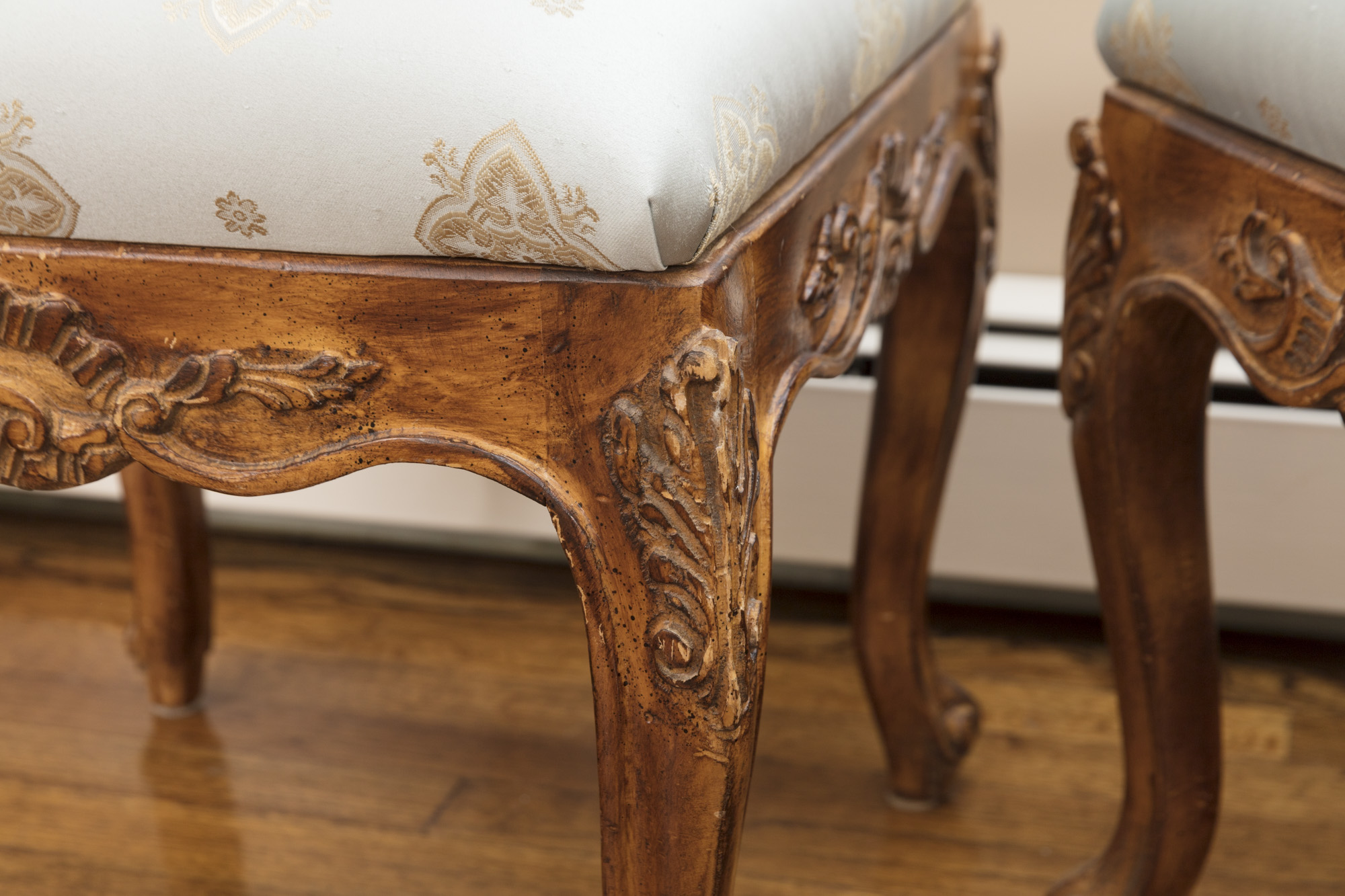 Rococo Style Glass-Topped Sofa Table with Two Footstools