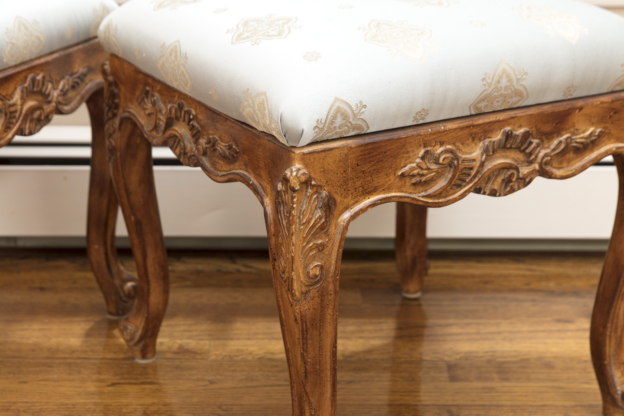 Rococo Style Glass-Topped Sofa Table with Two Footstools