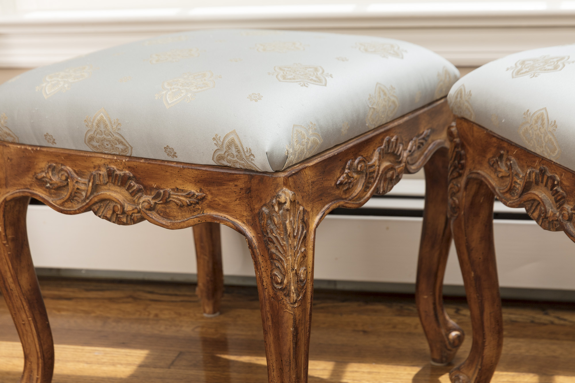 Rococo Style Glass-Topped Sofa Table with Two Footstools