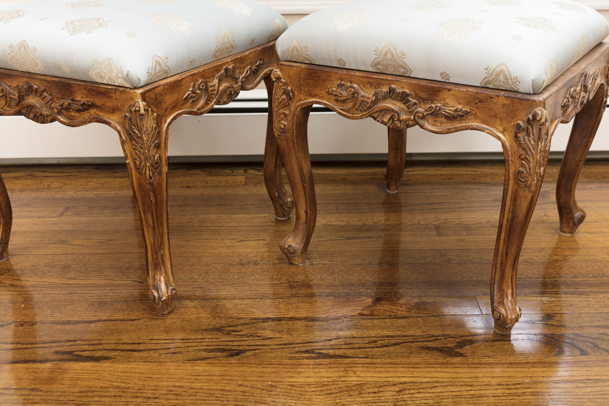 Rococo Style Glass-Topped Sofa Table with Two Footstools