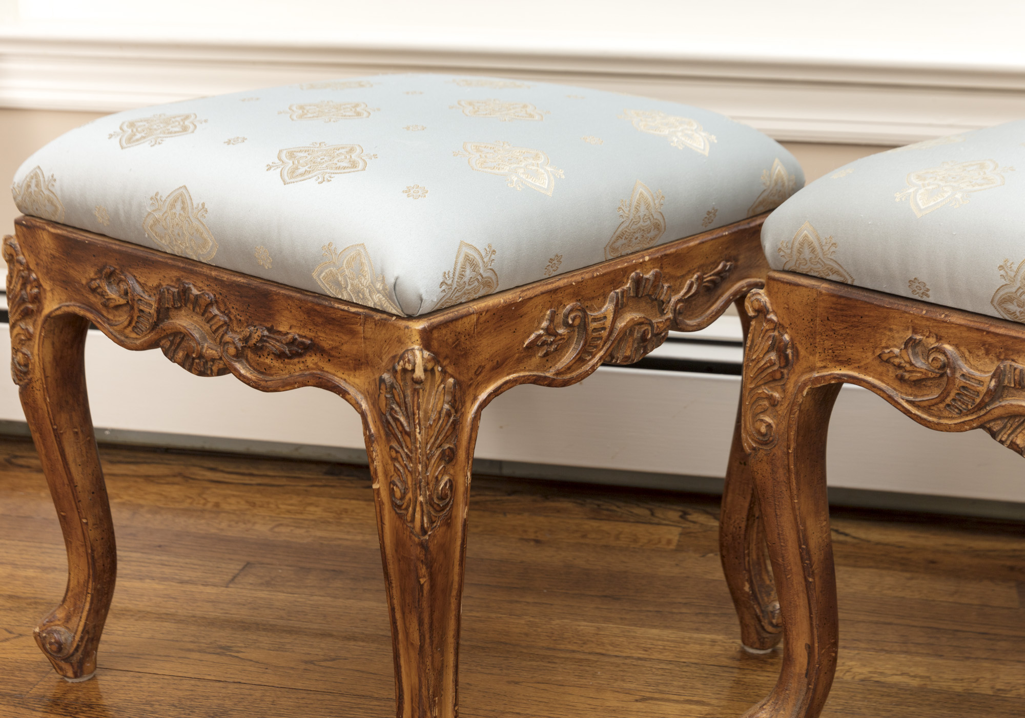Rococo Style Glass-Topped Sofa Table with Two Footstools