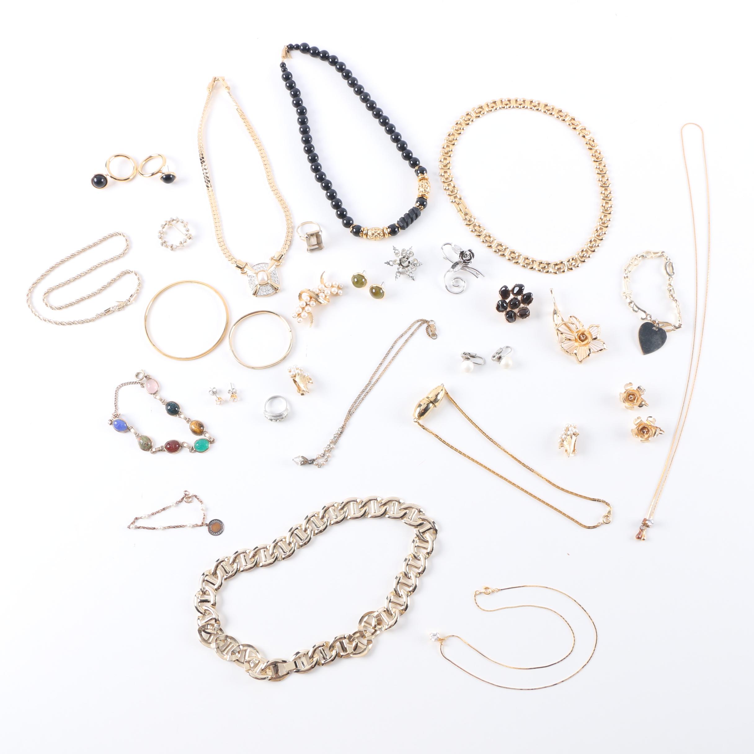 Gold Tone Costume Jewelry Including a Gemstone Scarab Bracelet