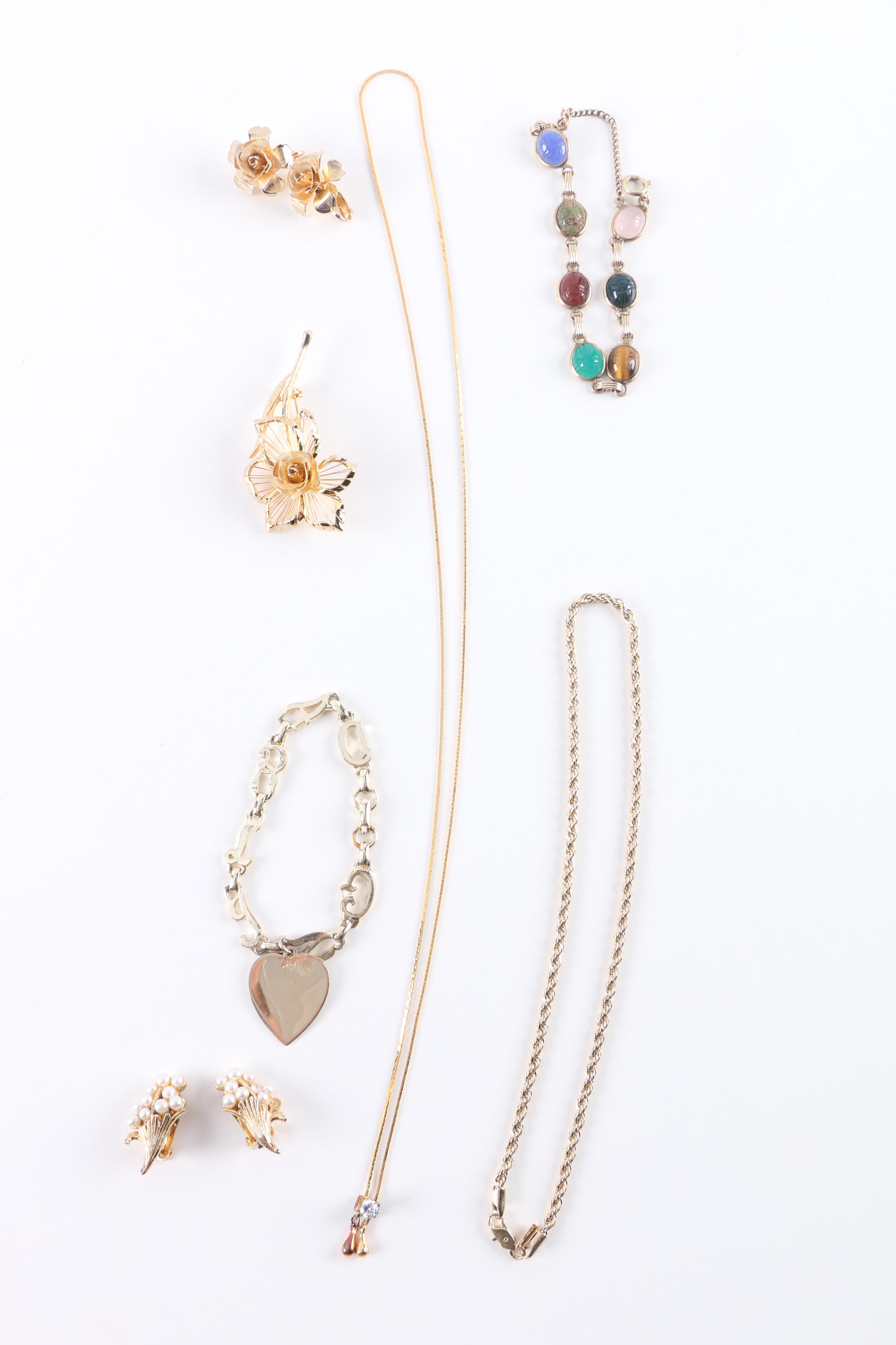 Gold Tone Costume Jewelry Including a Gemstone Scarab Bracelet