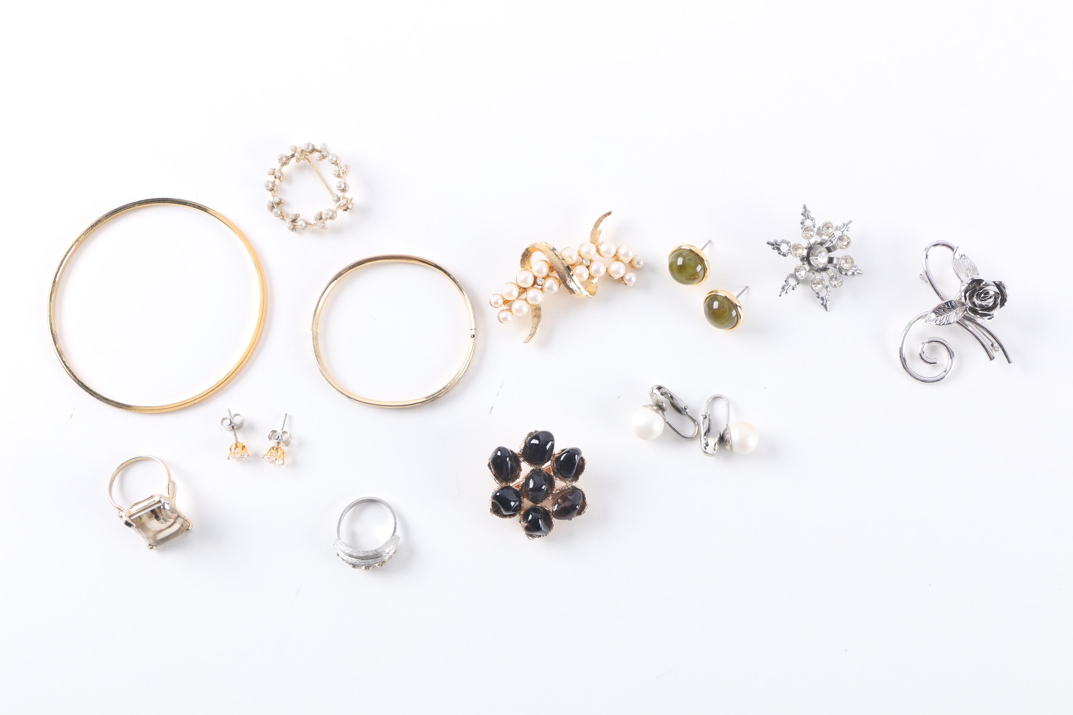 Gold Tone Costume Jewelry Including a Gemstone Scarab Bracelet