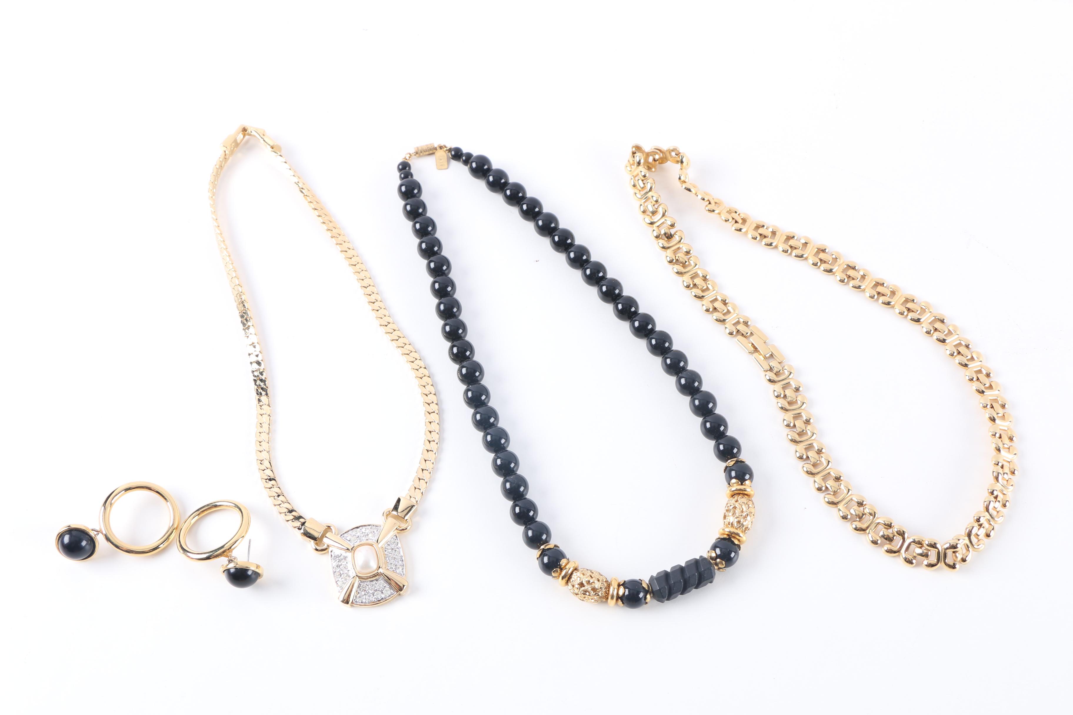 Gold Tone Costume Jewelry Including a Gemstone Scarab Bracelet