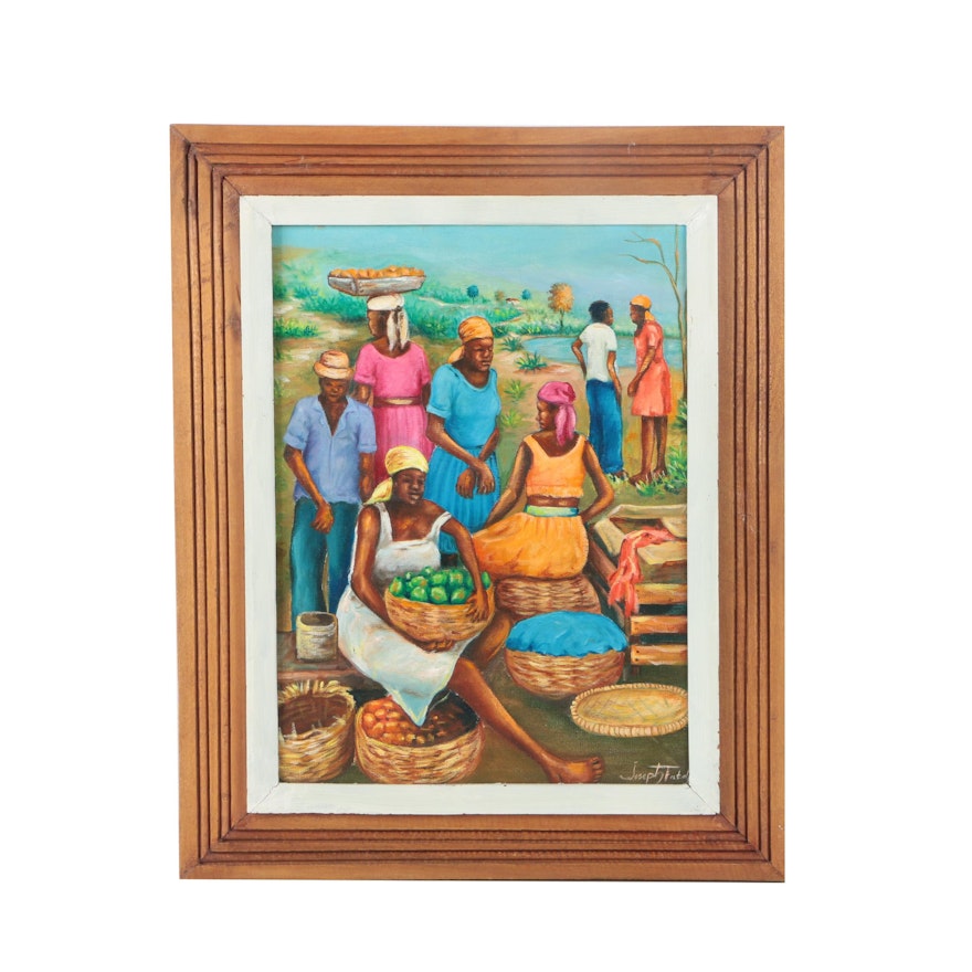 Signed Acrylic Painting on Canvas of a Caribbean Marketplace