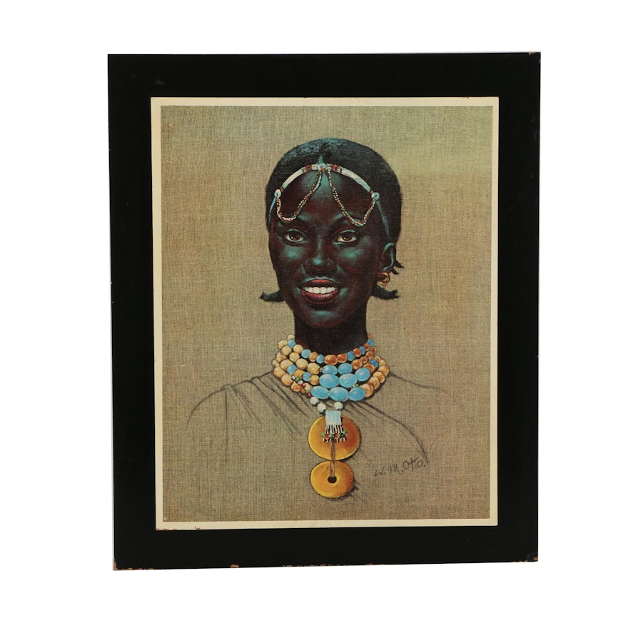 After Wolfgang Otto Offset Lithograph Print on Paper of an African Woman With Jewelry