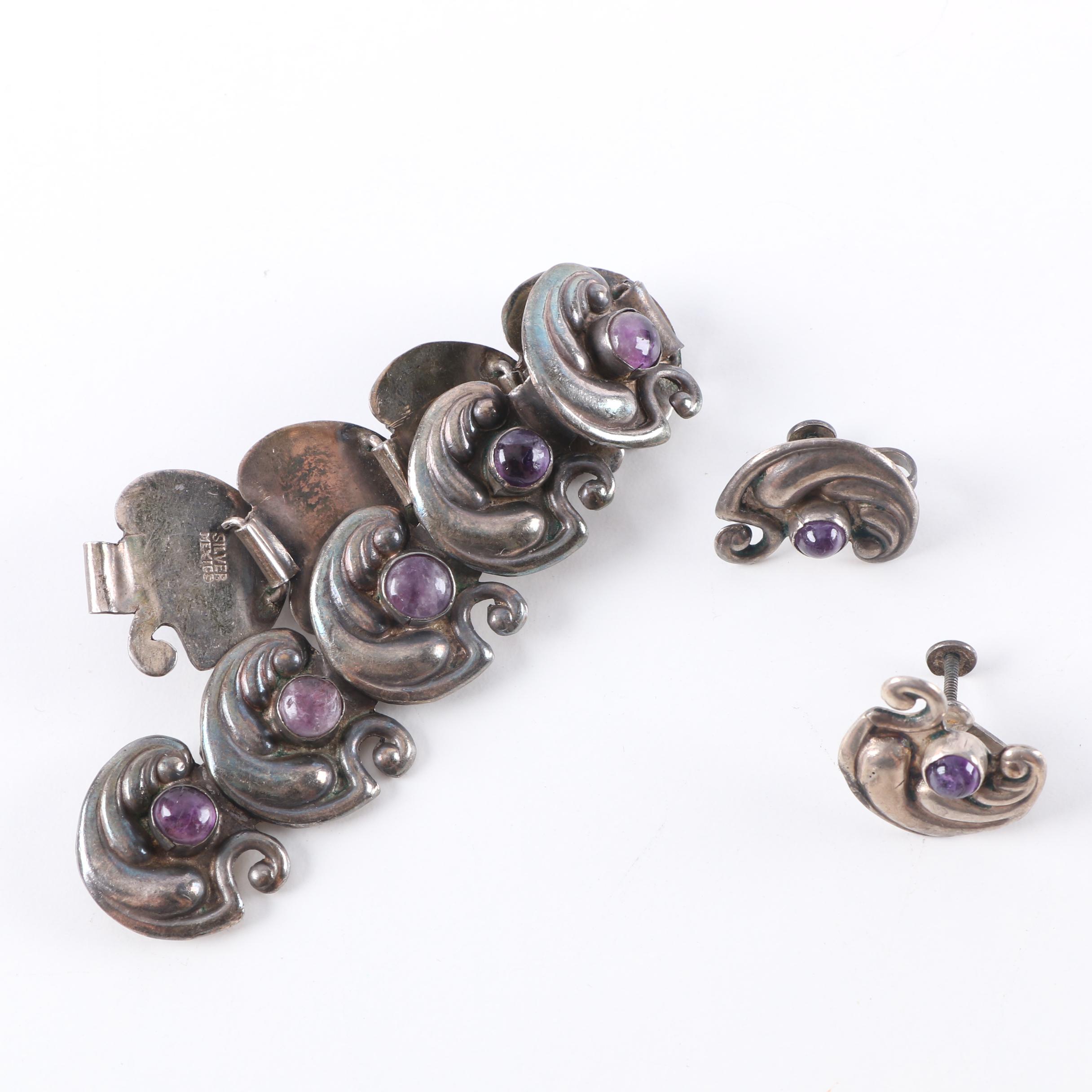 Sterling Silver Bracelet and Earrings with Amethyst