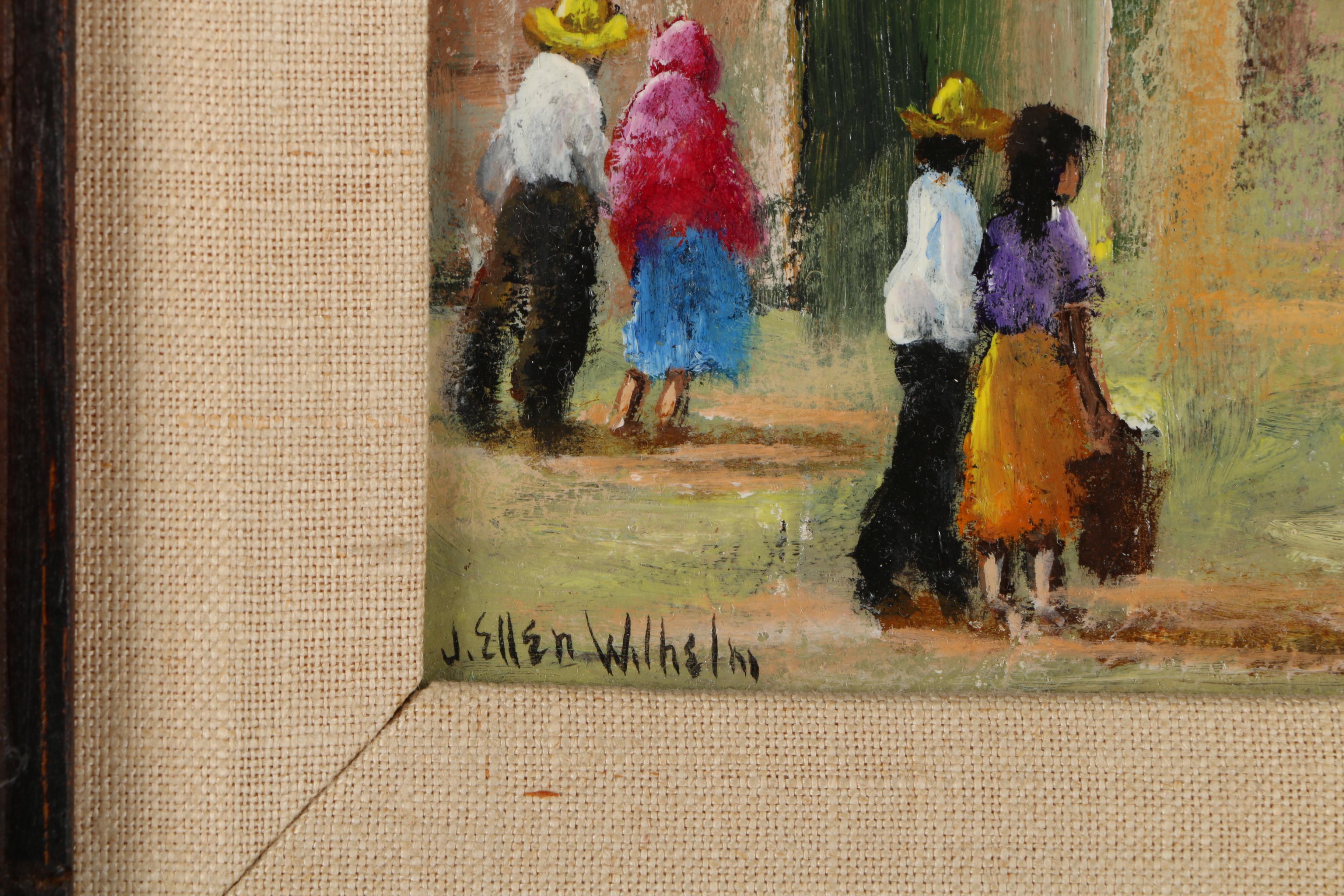 J. Ellen Wilhelm Oil Painting on Canvas Board of a City Street