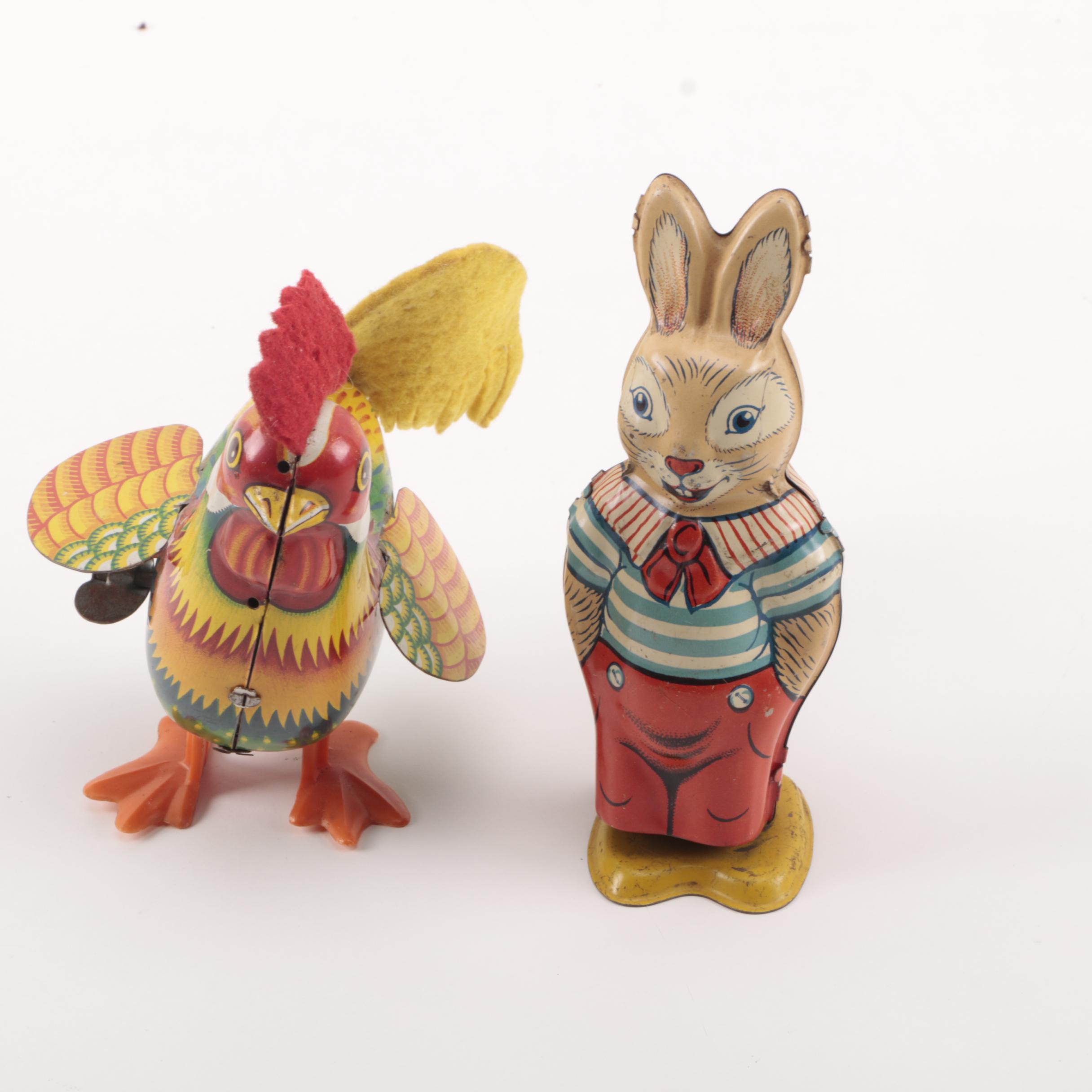 Wind Up Tin Rooster and Rabbit