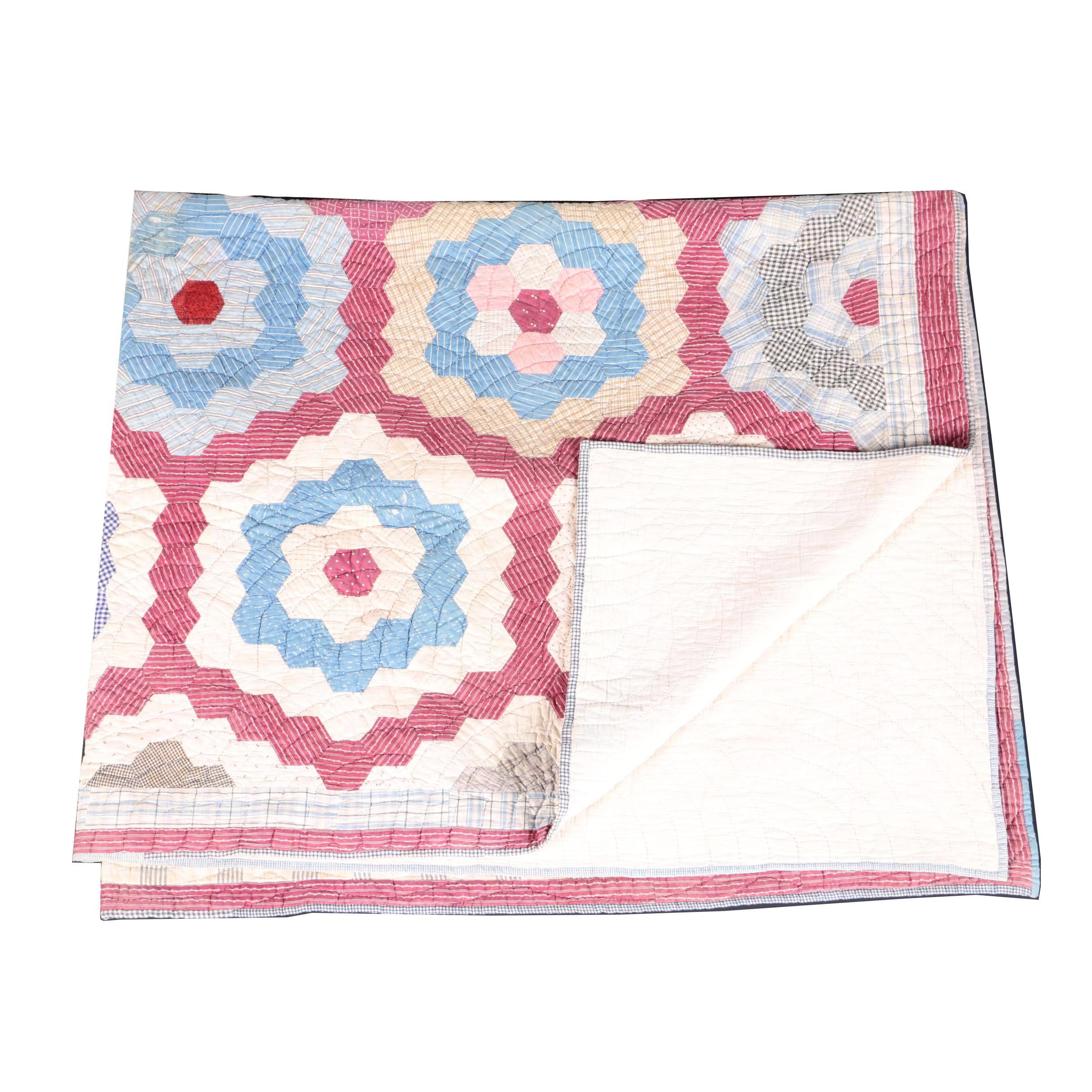 Vintage Hand-Pieced "Grandmother's Flower Garden" Quilt