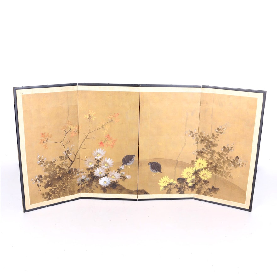 Japanese Four-Panel Floral Painted Screen