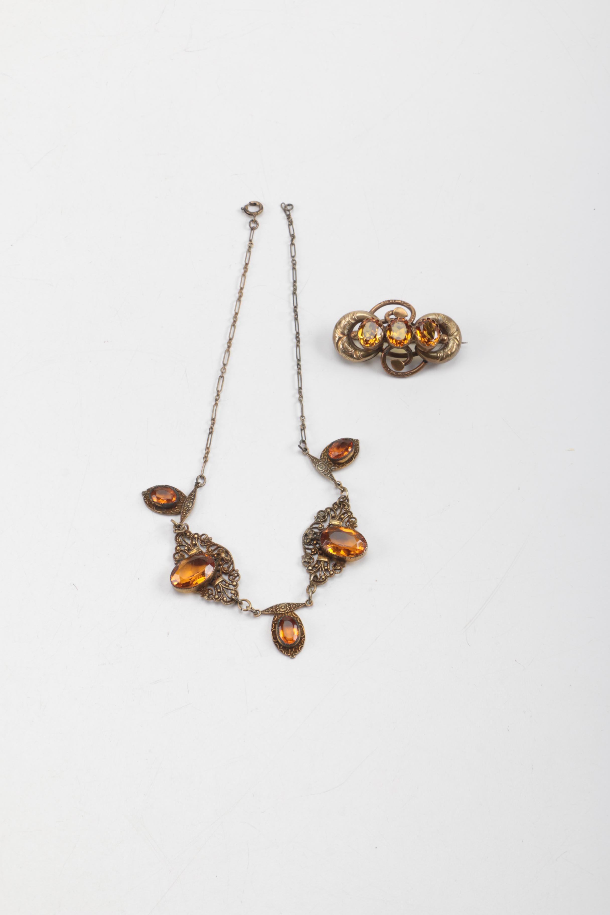 Vintage Gold Tone Necklace and Brooch