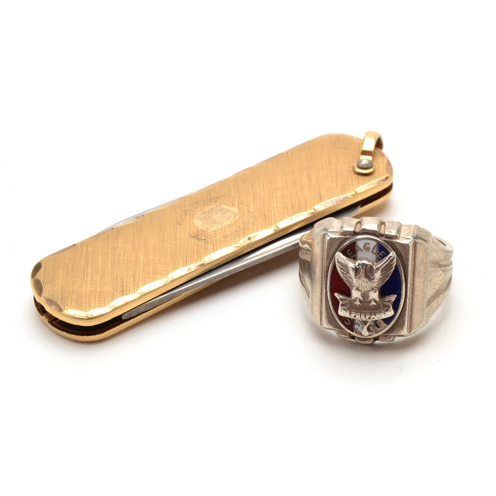 Sterling Silver Eagle Scott Ring and a Gold Tone Pocket Knife