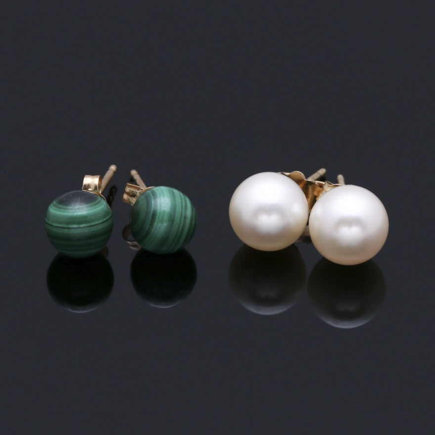 14K Yellow Gold Cultured Pearl and Malachite Stud Earrings