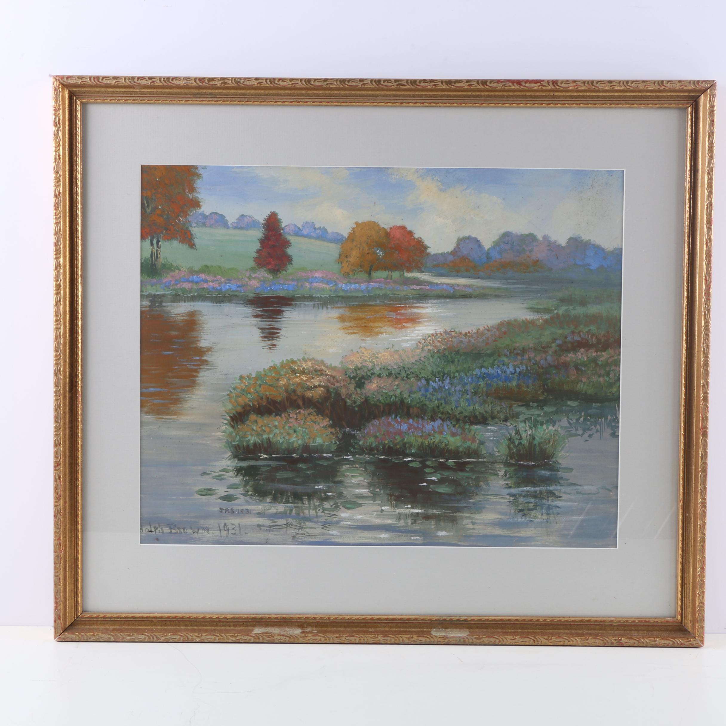 Joseph Randolph Brown Oil Painting on Paper Landscape with a Pond