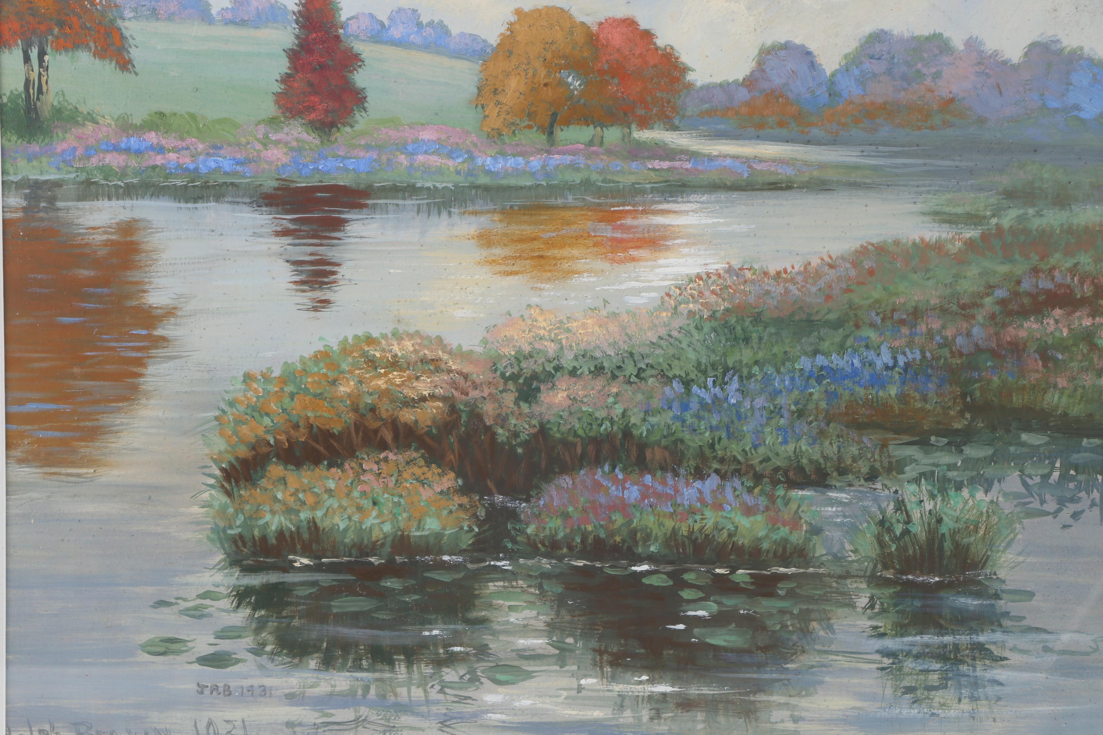 Joseph Randolph Brown Oil Painting on Paper Landscape with a Pond